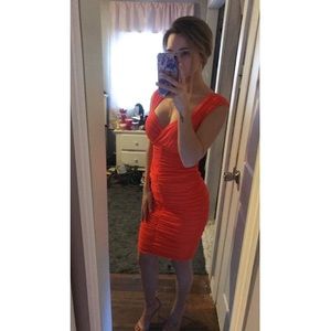 Sofia Vergara Orange Bodycon Ruched Dress